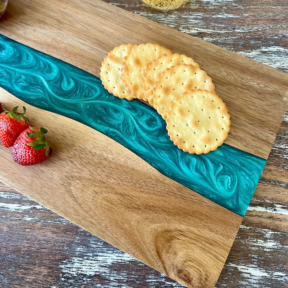 Turquoise Resin River Wood Cutting Board Charcuterie Board Cheeseboard Tray - Picture 2 of 5